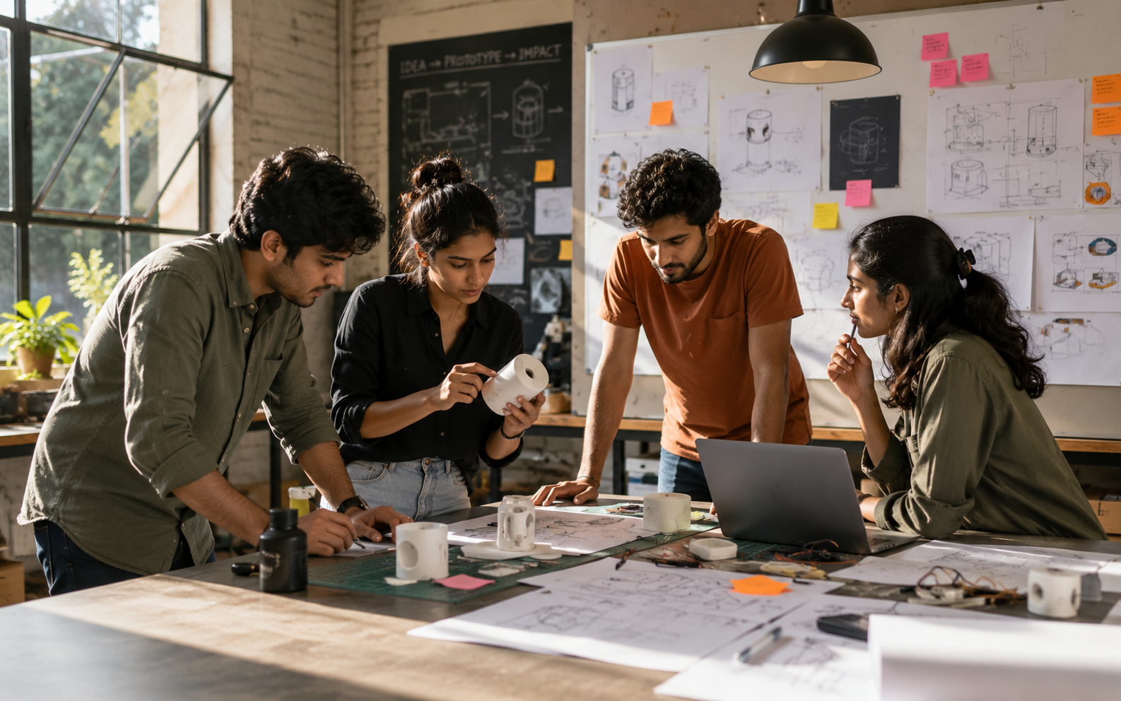 Startup team collaborating on a product prototype
